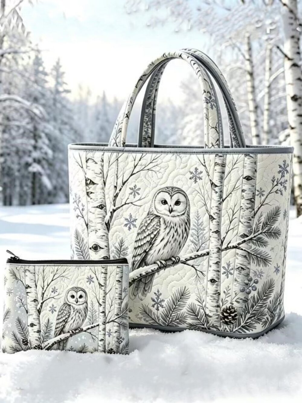 QUILTED SNOWY OWL TOTE SET